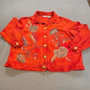 Draper's & Damon's Jacket Women 1X Orange Floral Embroidered Button Front Cotton